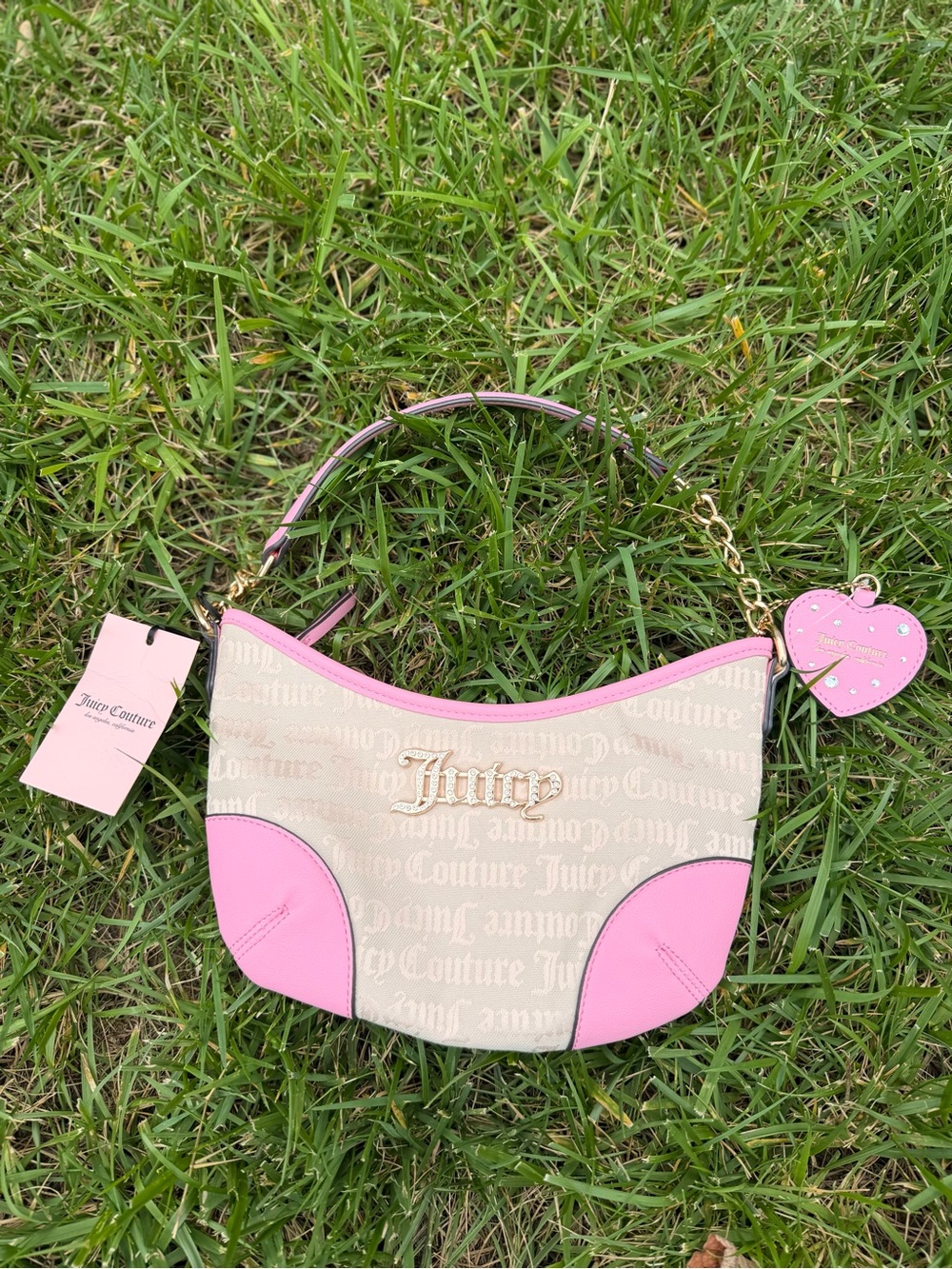 Juicy Couture Beige and Pink Signature Crescent Shoulder Bag